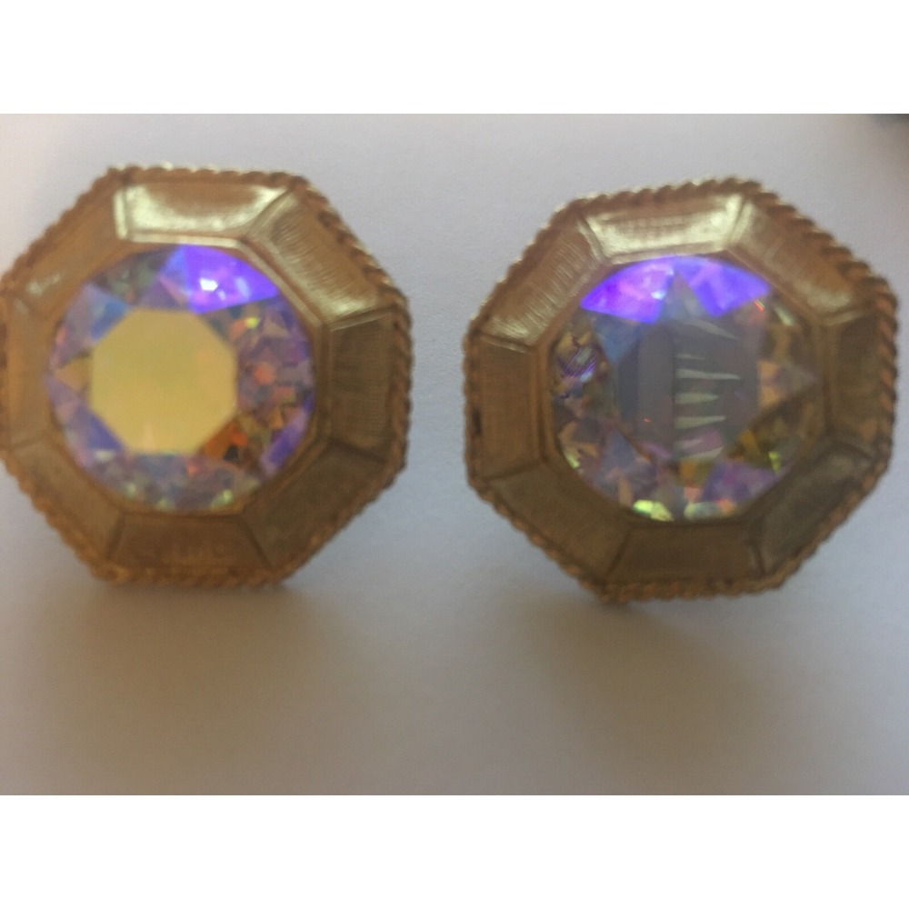 Vintage signed Ballet Earrings iridescent  Rhinestones gold tone glamour